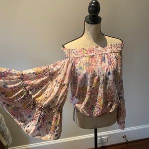 Loose flower print wide sleeve blouse